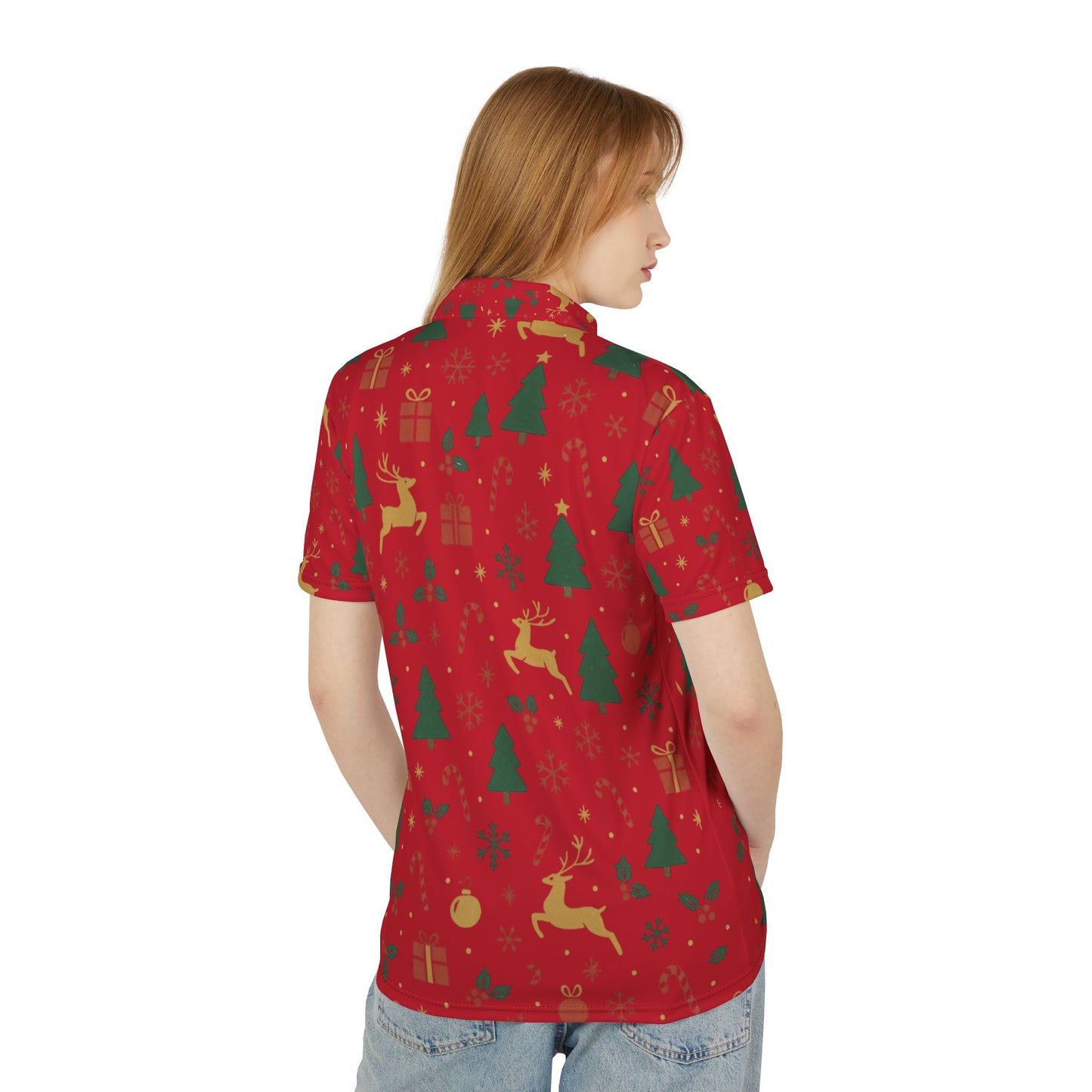 Festive Unisex Polo Shirt for Casual Celebrations, Holiday Reindeer Pattern Polo, Festive Christmas Pattern Polo